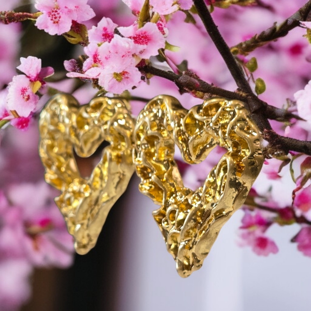 18k Gold Plated Chunky Molten Heart Oversized Earrings - Picture 2 of 7